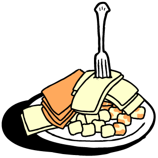 Cubed and sliced cheese on a paper plate with plastic fork.