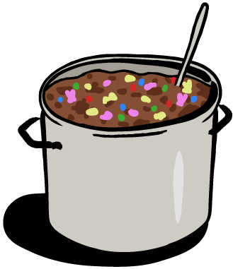 A big metal pot full of chili with speckles of brightly colored candy.