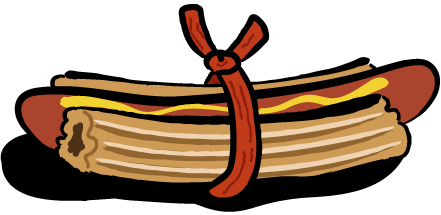 A hot dog with churros for buns and tied together with a slim jim.