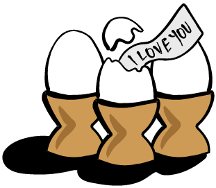 Egg shell in an egg cup and a piece of paper coming out that says “I Love You.”