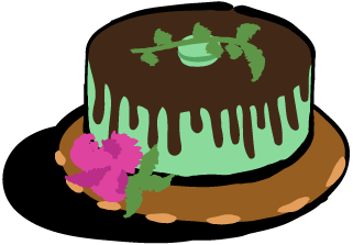 A mint green cake with chocolate dripped frosting and some decorative flowers.