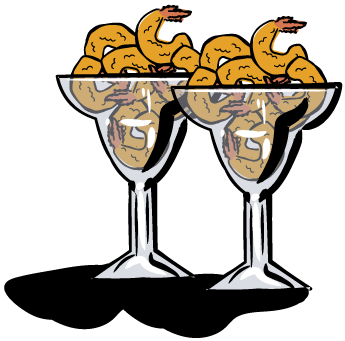 Two margarita glasses full of fried shrimp.