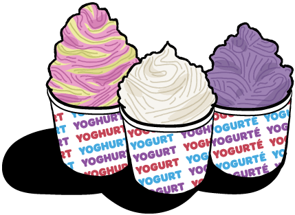 Three cups of frozen yogurt: mango/strawberry twist, plain, and purple.